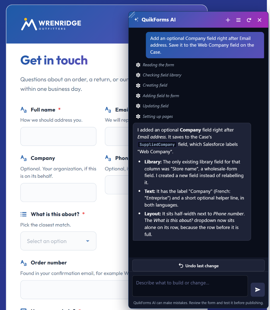 The QuikForms AI assistant beside the live preview, after adding a Company field