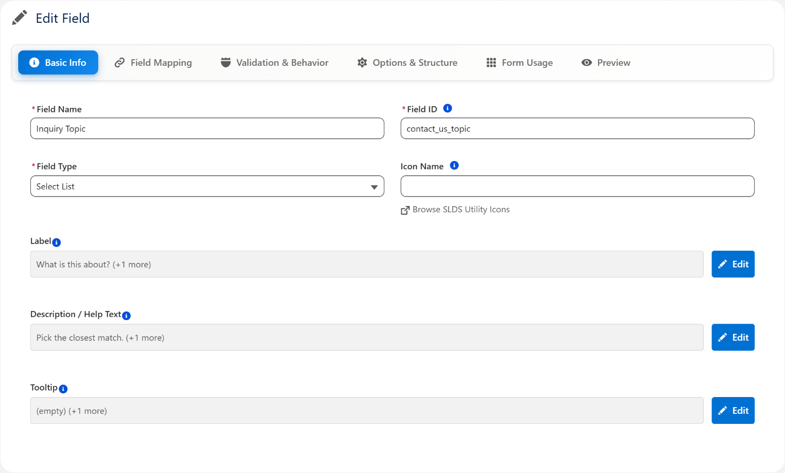 The Field Editor's Basic Info tab for a select-list field
