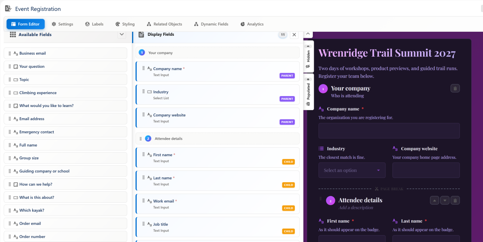 The form builder: tabs, the Display Fields drawer grouped by page, and the live canvas