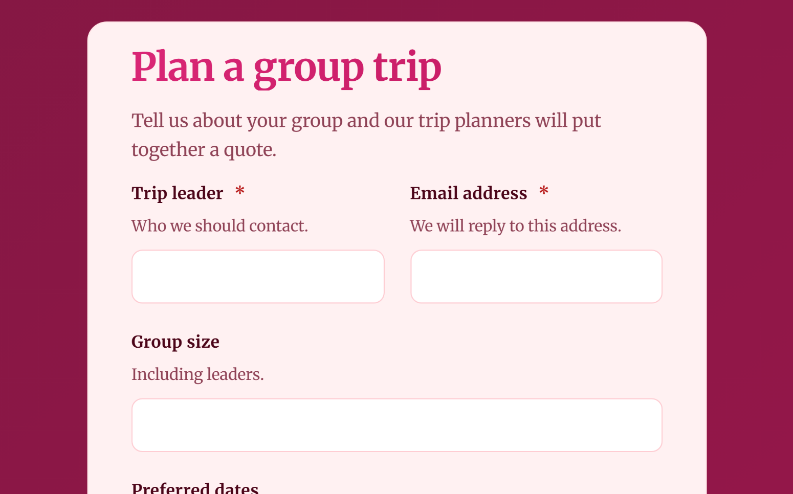 A form preview on the public site, exactly as visitors see it